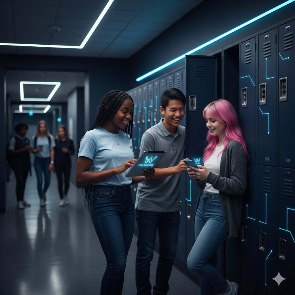 Students looking at a camera near lockers